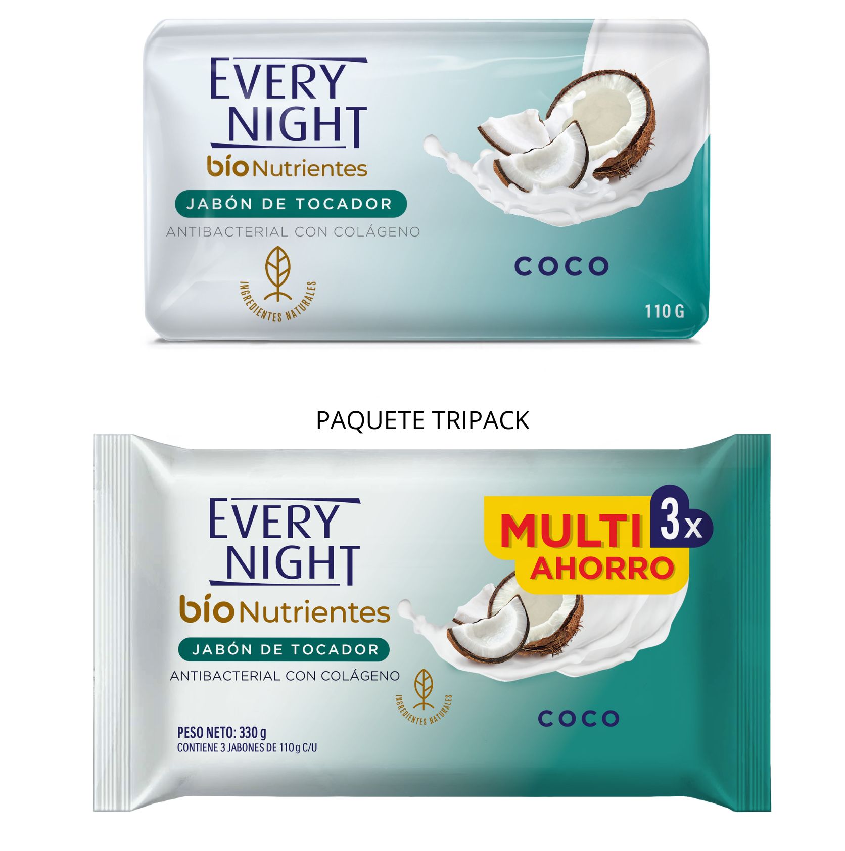 Jabón de Tocador Every Night Bionutrientes Coco antibacterial con colágeno, presentación Multi Ahorro 3x110 g